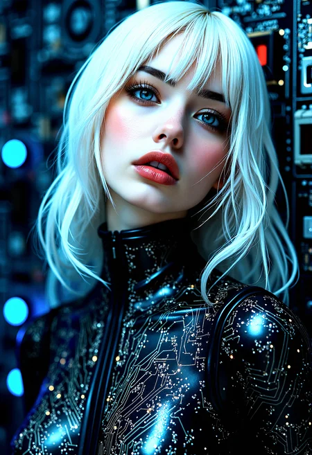 midjourney_whisper_innocent_eyes,
extremely photorealistic depiction of a slightly voluptuous gorgeous female character  with futuristic latex outfit electronic circuit printed. Her unrealistic beauty with perfect skin almost doll like face with platinum blonde  asymetrical hair  against a detailed circuit board background. The circuit board is illuminated with blue lights and complex patterns.  the lighting is soft, highlighting her features. The camera shot is a wide shot, capturing her full body and the detailed background.Soft underlighting to highlight features, Bounced light from metallic surfaces. Dual-tone lighting setup. 
Micro-details in latex and fabric, Realistic wear and tear on materials, Ray-traced reflections, High-frequency detail enhancement, High-resolution shadow mapping, 





