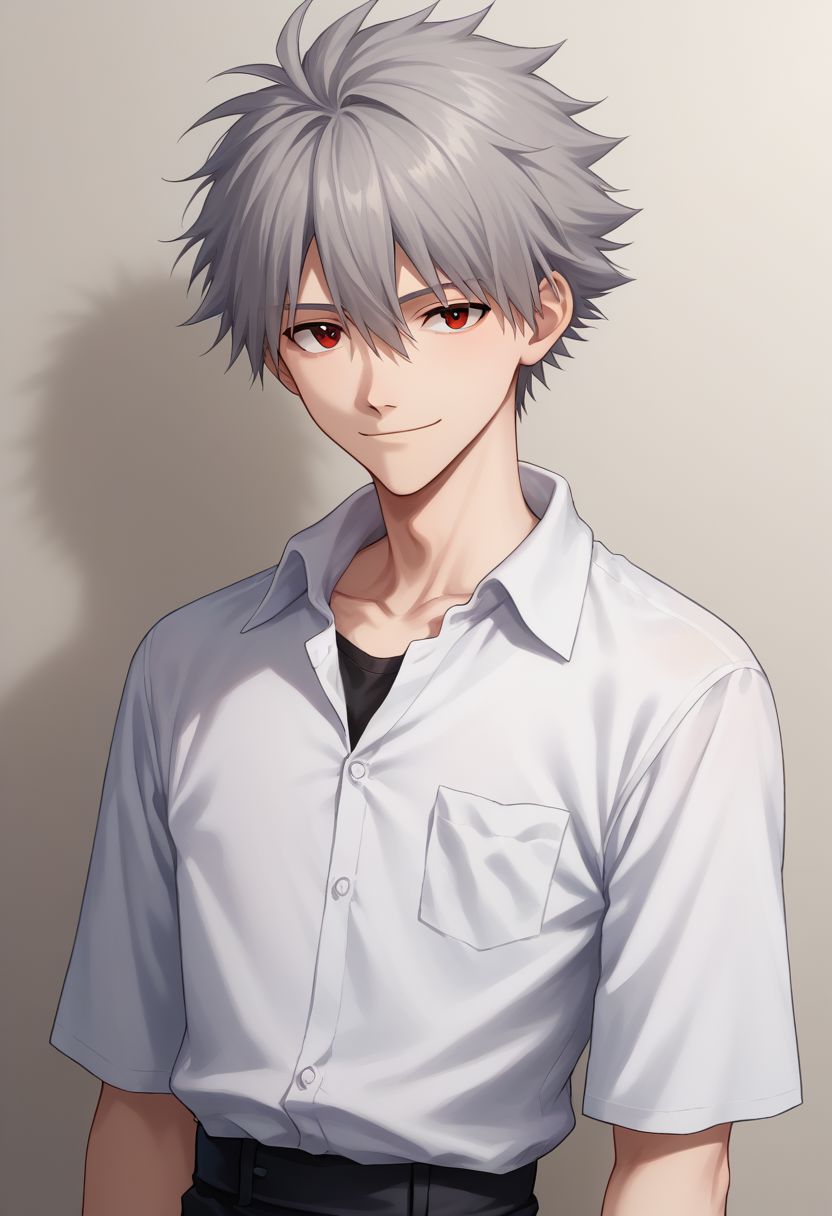 score_9, score_8_up, source_anime, highly detailed, 1boy, solo, male_focus, skinny,
kaworu, 1boy, male focus, solo, red eyes, grey hair, smile, 
shirt, white shirt, black pants, looking at viewer,
indoor, upper body,