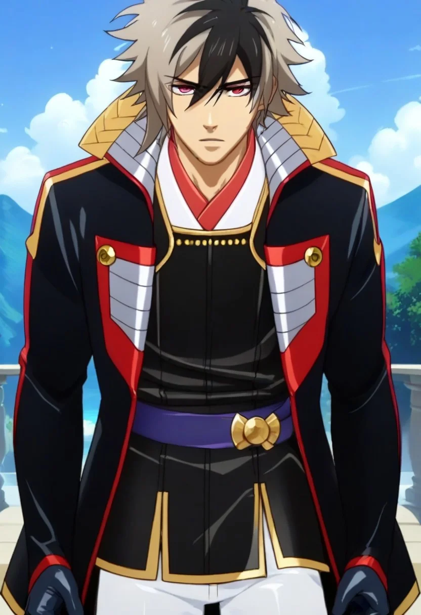 ((masterpiece)), ((best quality)), ((ultra-detailed)), ((absurdres)), score_9_up, score_8_up, score_7_up,
HD, top quality, best quality, amazing quality, High-quality illustrations, anime screencap, source_anime, best aesthetic, perfect proportions, perfect eyes, 1boy, 1male, solo boy, solo male, male focus, solo male focus, Anime, boy, male anime character, anime boy, handsome, cute, charming, Nobunaga Oda, multicolored hair, two-tone hair, ponytail, red eyes, black short coat, gloves, white pants, ((cowboy shot, head to hips shot)), ((facing front, front view)), easynegative, updn, Expressiveh, masterpiece, best quality, very aesthetic, absurdres
