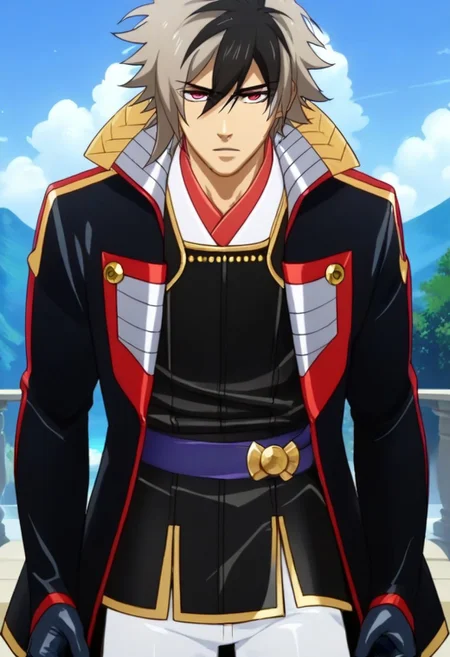 ((masterpiece)), ((best quality)), ((ultra-detailed)), ((absurdres)), score_9_up, score_8_up, score_7_up,
HD, top quality, best quality, amazing quality, High-quality illustrations, anime screencap, source_anime, best aesthetic, perfect proportions, perfect eyes, 1boy, 1male, solo boy, solo male, male focus, solo male focus, Anime, boy, male anime character, anime boy, handsome, cute, charming, Nobunaga Oda, multicolored hair, two-tone hair, ponytail, red eyes, black short coat, gloves, white pants, ((cowboy shot, head to hips shot)), ((facing front, front view)), easynegative, updn, Expressiveh, masterpiece, best quality, very aesthetic, absurdres