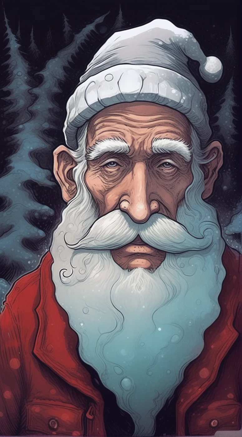 drawix4 old man, Santa Claus, in a hat, visible on his gloomy sad face, dark and mysterious world unfolds, enigmatic dreamscape surrealistic <lora:drawix4:1>