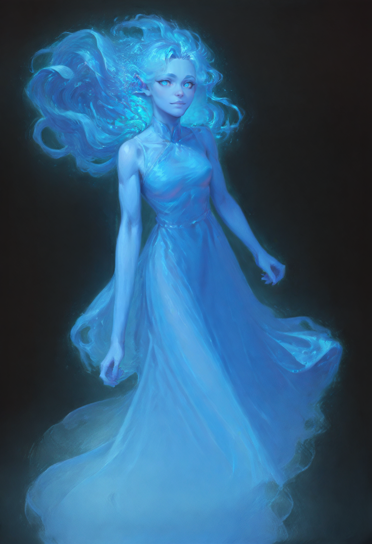 (score_9_up, score_8_up:1.2), score_7_up, Sylphrena, spren, 1girl, glowing blue eyes, long blue hair, blue skin, blue dress, <lora:Sylphrena:0.8>, <lora:add-detail-xl:1>, <lora:aesthetic:4>, <lora:great_lighting:4>, <lora:MJ52:0.4>, <lora:RMSDXL_Enhance:2>, <lora:RMSDXL_Creative:0.8>, <lora:xl_more_art-full_v1:0.4>