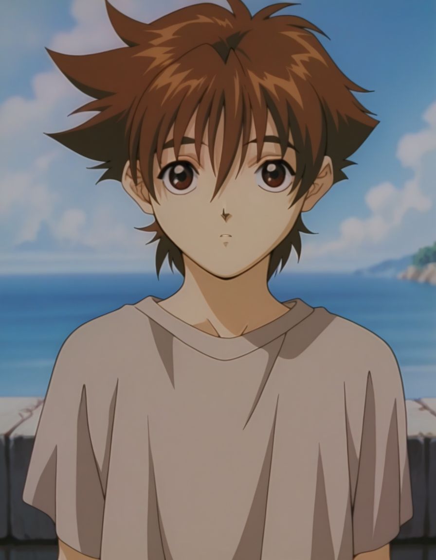masterpiece, best quality, 1boy, solo,  <lora:Shun_Ikari:1>, sh0n, 1990s \(style\), brown hair, short hair, hair between eyes, anime coloring, brown eyes,