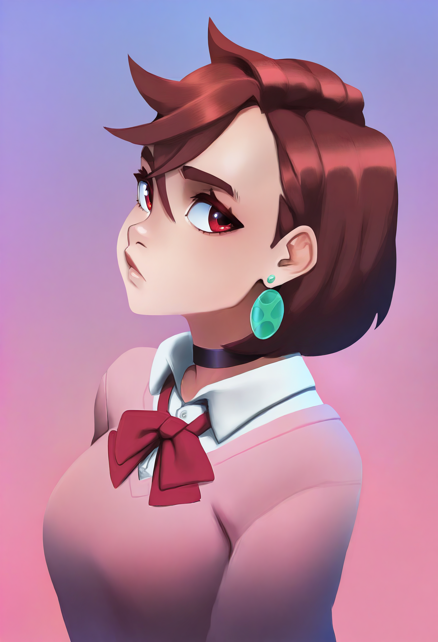 1girl, solo, portrait, hoodie, gradient background, short hair, brown hair, red eyes, school uniform, pink sweater, long sleeves, white shirt, collared shirt, red bowtie, earrings, black choker, looking to the side, 
masterpiece, best quality, <lora:bikupan-guy90-Illust-Lycorisv1:1> napkib <lora:dandadan_ayase_illustriousXL:1> ayase momo