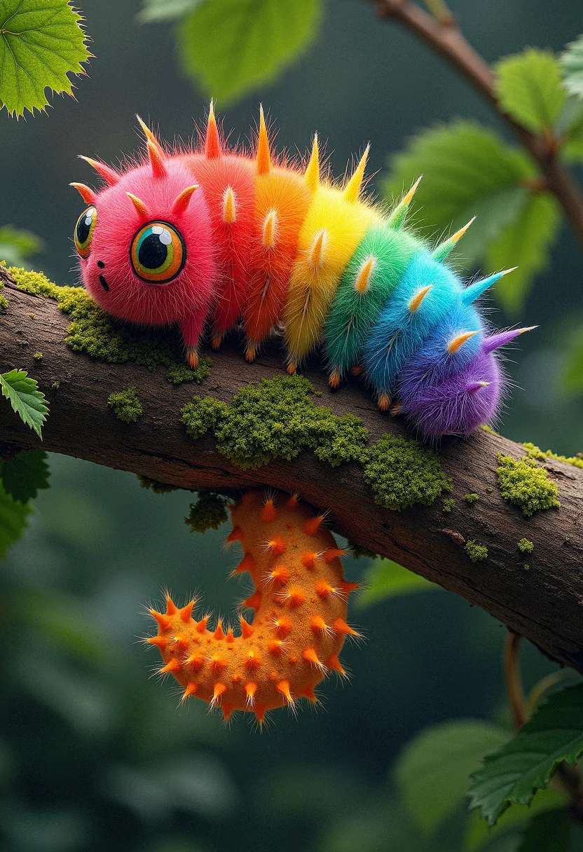 rainbow colored Woollybear caterpillars, very detailed, its eyes are rainbow colored, tree branch, detailed green leaves, a lots of fungus grow on tree branch, a cocoon hanging under the tree branch