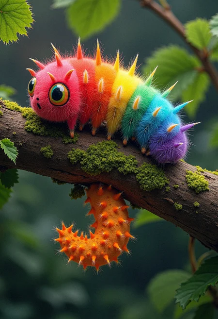 rainbow colored Woollybear caterpillars, very detailed, its eyes are rainbow colored, tree branch, detailed green leaves, a lots of fungus grow on tree branch, a cocoon hanging under the tree branch
