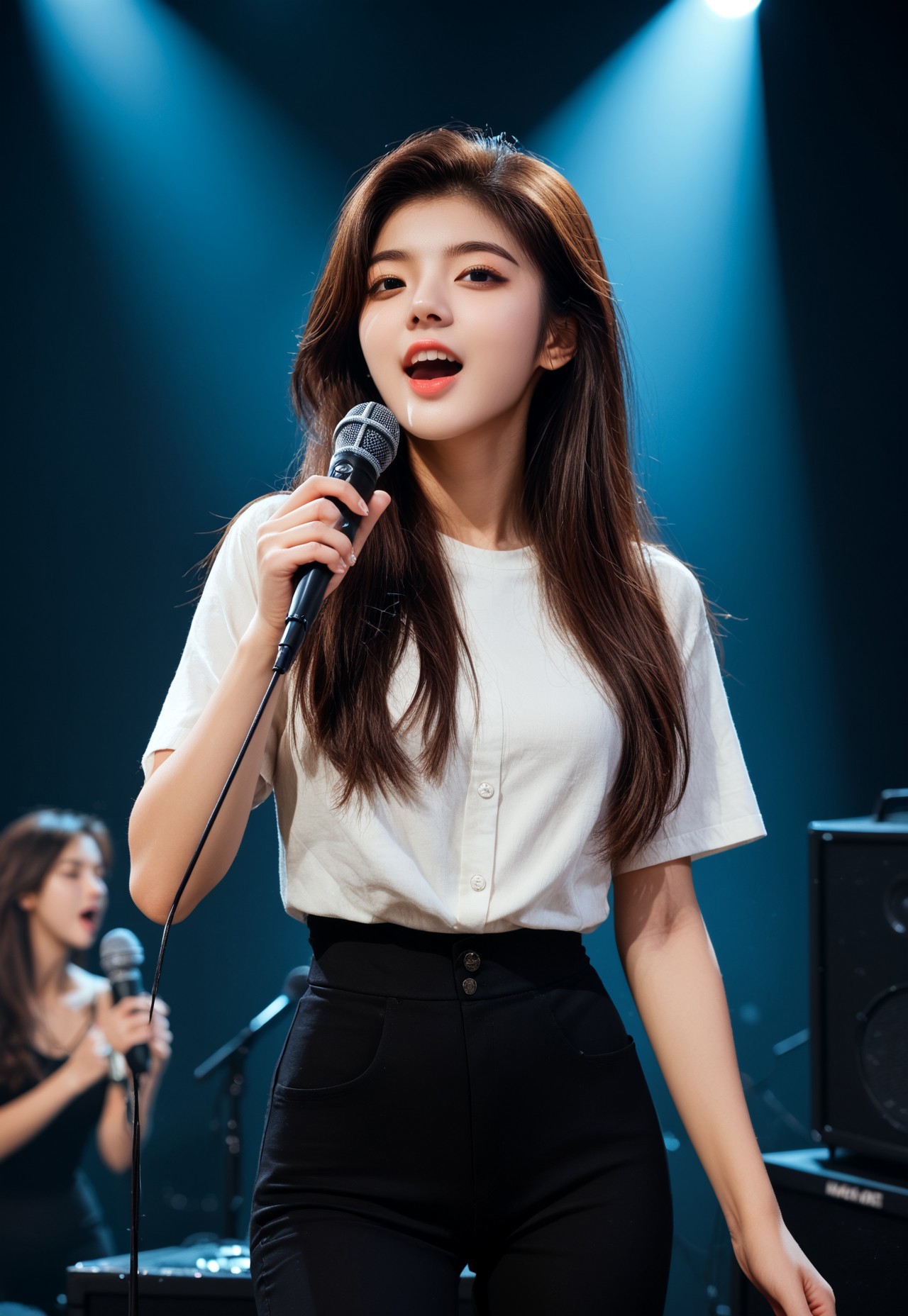 safe_pos, (((score_9, score_8_up, score_7_up))), (((Expressiveh,  highly detailed, masterpiece, perfect, detailed, hd, narrow waist, )))
,
((( Tironamb, long hair, brown hair, )))
,
((( 1girl, solo, white pencil shirt, black pants, )))
,
((( Indoors, scene, concert, )))
,
((( posing for viewer, microphone, singing ))) 
,
((( best view ))
,
((( )))
,
((( )))
,
()