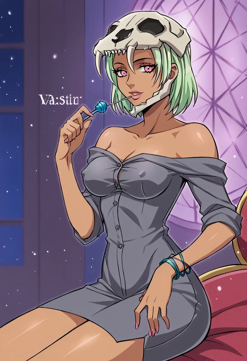 CastraDP, 1girl, solo, dark skinned female, mint green hair, light green hair, bob cut, pink eyes, pink irises the shape of an X, lips, animal skull on her head, large grey dress shirt, large breast, blue bracelets, pink shoes, jewelry, bare shoulders, lollipop, cleavage, wide hips, tattoo on collarbone,
seductive pose, sexy pose, tease, in the spotlight,,
smile, jojo reference, indoors,
score_9, score_8_up, score_7_up, beautiful aesthetic, very intricate, high quality details,vibrant, highly detailed, award-winning, professional,anime artwork, anime style, studio anime, athletic, curvy body, athletic girl, perky tits,large breast,perfect tits, round breasts, nipple outline,looking at viewer, pinup pose,teasing, dynamic lighting, cinematic, smug, better than you, aura of temptation, highly detailed, high resolution, masterpiece, detailed clothes, detailed background, highly detailed, ((sound effects)) comic layout,