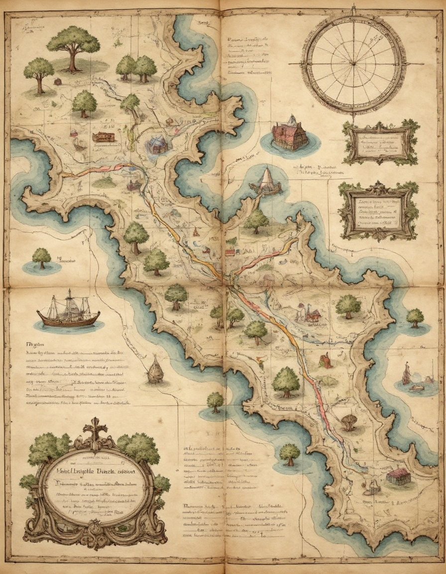 on parchment top-down view map with elaborate annotated roads and rivers pictographic depictions of forests and mountains and water and cities including latitude and longitude lines
