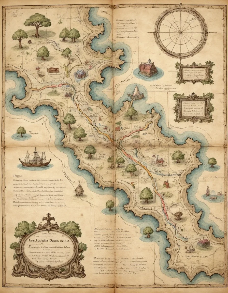 on parchment top-down view map with elaborate annotated roads and rivers pictographic depictions of forests and mountains and water and cities including latitude and longitude lines