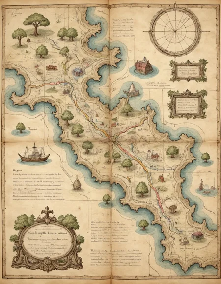 on parchment top-down view map with elaborate annotated roads and rivers pictographic depictions of forests and mountains and water and cities including latitude and longitude lines