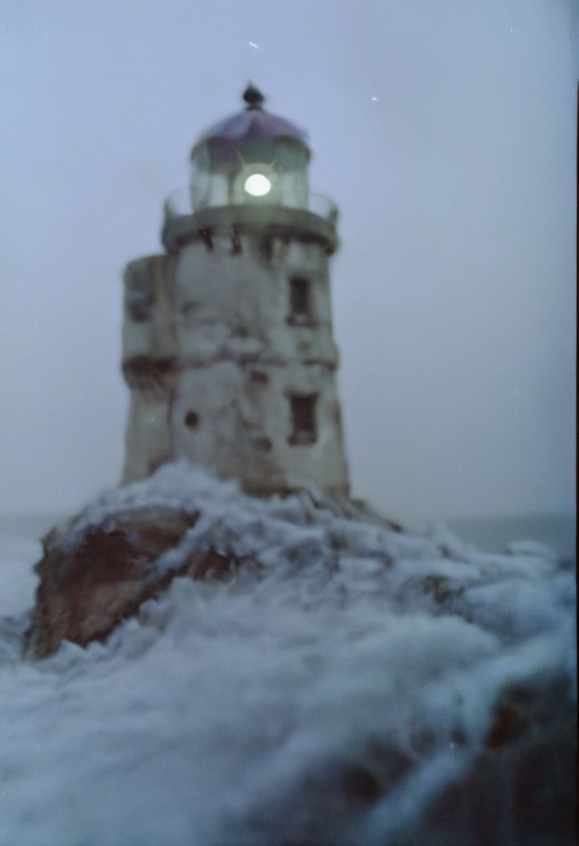 c41_hasselblad_portra400, In a grainy, handheld video, a lone explorer investigates an old, decrepit lighthouse on a foggy night. As he ascends the spiral staircase, strange whispers and ghostly moans fill the air. At the top, he encounters a monstrous, ethereal being with tentacles and multiple glowing eyes. The footage is chaotic and filled with static, capturing the explorer's terror and the creature's unearthly presence.