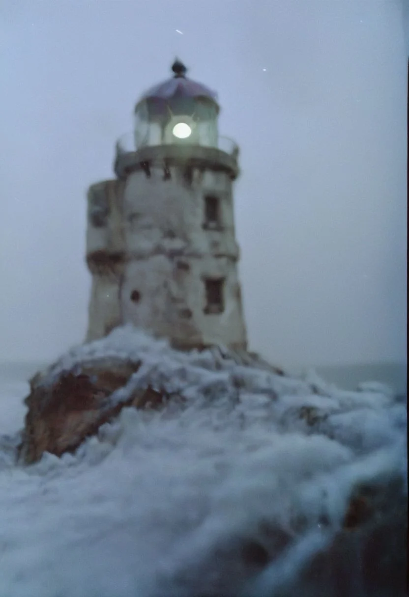c41_hasselblad_portra400, In a grainy, handheld video, a lone explorer investigates an old, decrepit lighthouse on a foggy night. As he ascends the spiral staircase, strange whispers and ghostly moans fill the air. At the top, he encounters a monstrous, ethereal being with tentacles and multiple glowing eyes. The footage is chaotic and filled with static, capturing the explorer's terror and the creature's unearthly presence.