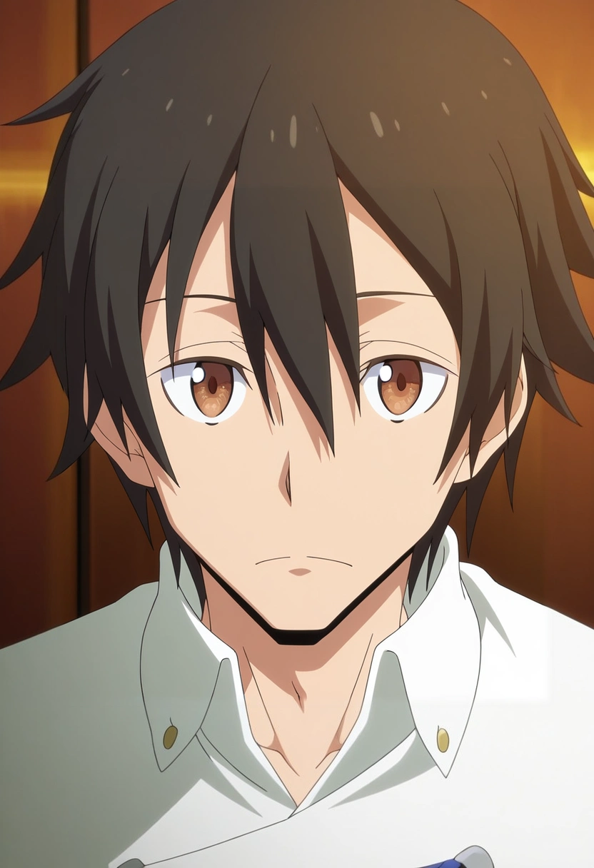masterpiece, best quality, intricate details, anime screencap, , , looking at viewer, 1boy, solo, male focus, <lora:yuuki_kagurazaka_ilxl:0.98>, yuuki_kagurazaka, black hair, brown eyes, short hair, hair between eyes, , , , tam