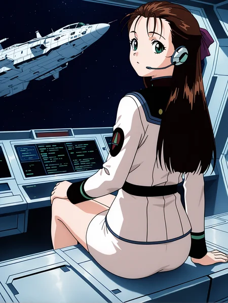 masterpiece,best quality,newest,1girl,solo,
<lora:miho_miho_ilxl_v1.2:1>,miho_miho,green eyes,m_hs,single ear headset,m_clothes,pencil_skirt,
anime screencap,<lora:Fixhands_anime_bdsqlsz_V1:1>,spacecraft,cockpitheadset,science fiction,sitting,fake screenshot,from behind,looking_back,face_focus,