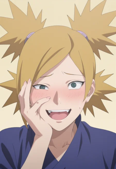 anime screencap, anime coloring,   <lora:DX888Temari:1> nara temari, green eyes, blonde hair, quad tails, parted bangs,,  BREAK  short kimono, obi, pantyhose, open-toe boots, BREAK simple background, yellow background, BREAK 1girl, blush, breasts, constricted pupils, crazy eyes, crazy smile, half-closed eye, hand on own face, hand up, looking at viewer, open mouth, solo, tongue, upper body, upper teeth only,