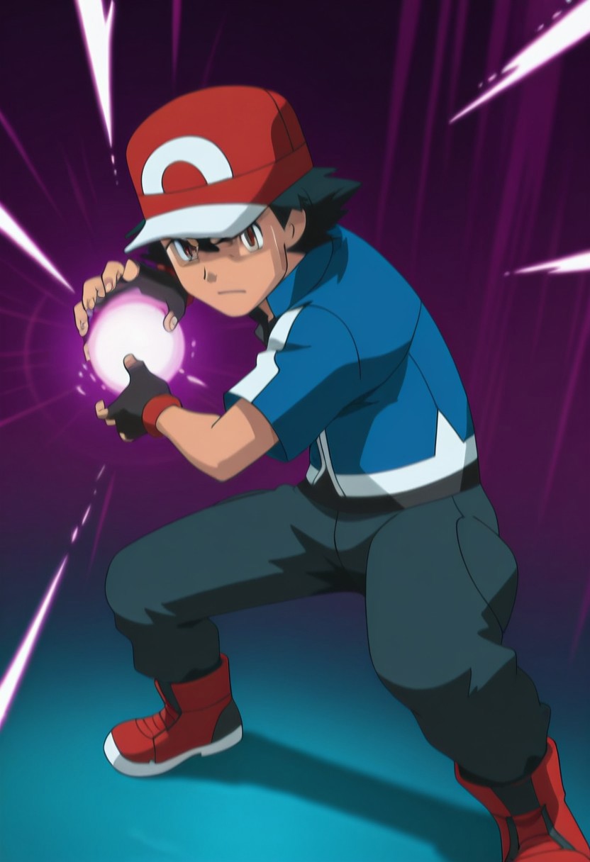 masterpiece, best quality, PokemonStyle, ashxyz, 1boy, male focus, solo, brown eyes, black hair, bangs, hat, baseball cap, red footwear, shirt, black shirt, jacket, blue jacket, short sleeves, gloves, black gloves, fingerless gloves, kamehameha, energy ball, aura, looking at the viewer, serious face