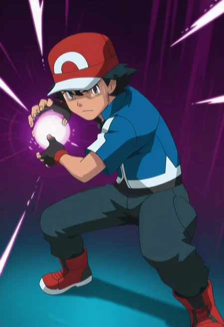 masterpiece, best quality, PokemonStyle, ashxyz, 1boy, male focus, solo, brown eyes, black hair, bangs, hat, baseball cap, red footwear, shirt, black shirt, jacket, blue jacket, short sleeves, gloves, black gloves, fingerless gloves, kamehameha, energy ball, aura, looking at the viewer, serious face