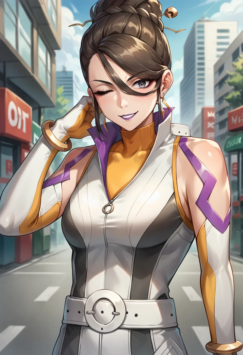 score_9, score_8_up, score_7_up, source_anime, masterpiece, 1girl, ct_s1erra, grey eyes, medium breasts, yellow turtleneck, white bodysuit, elbow gloves, logo, white belt, bracelet, looking at viewer, outdoors, city, depth of field, one eye closed, smile,<lora:Sierra_pokemongo_ct:1>, upper body, portrait,