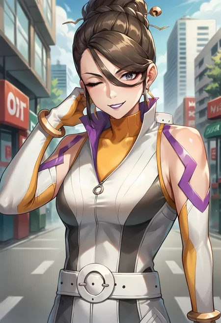 score_9, score_8_up, score_7_up, source_anime, masterpiece, 1girl, ct_s1erra, grey eyes, medium breasts, yellow turtleneck, white bodysuit, elbow gloves, logo, white belt, bracelet, looking at viewer, outdoors, city, depth of field, one eye closed, smile,<lora:Sierra_pokemongo_ct:1>, upper body, portrait,