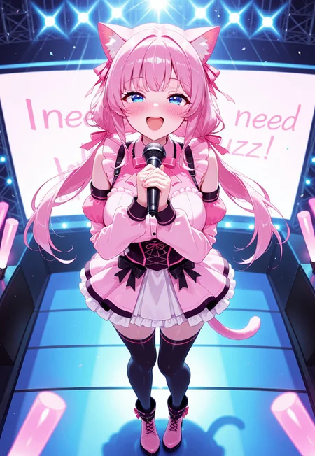 safe_pos, 32k uhd, (masterpiece:1.2), (best quality:1.2), (very aesthetic:1.2), (absurdres:1.2), (detailed background),newest, 1girl, cat girl, pink cat ears, pink cat tail, pink hair, low twintails, blue eyes, long hair, smile, large breast,  :d, bangs, blush, on stage, idol, idol clothes, frills, pink clothes, pink shirt, pink ribbon, detached sleeves, microphone, holding microphone, singing, standing ,  black thighhigh, ankle boots, stage lights, pov crowd, light rays, light sticks, buzz ,screen writing "need buzz"