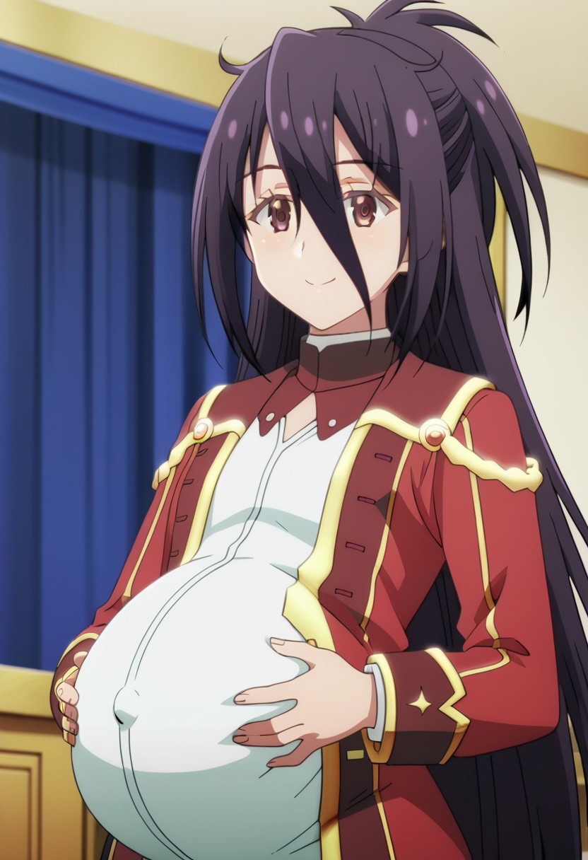 best quality, masterpiece, 4k, perfect lighting, very aesthetic, anime, anime coloring, official art, anime screencap, bedroom, happy, smile, hands on belly,
(large pregnant belly:1.5)
ZeshiaKanon, military uniform,
(covered belly:1.5), (pregnancy clothes:1.5)