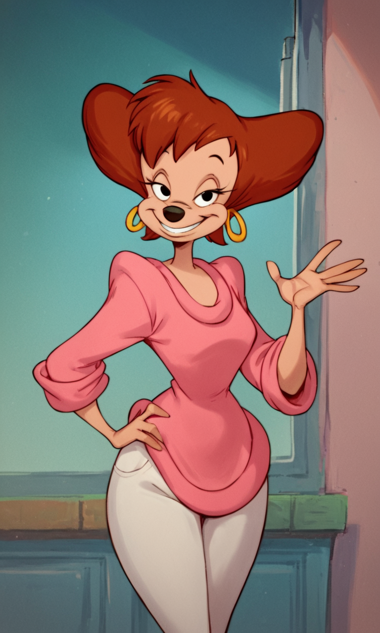 <lora:PegPetePony1.0:1>  pegpete, 1girl, brown hair, pink sweater, solo, hoop earrings, short hair, smile,teeth,  white pants, black eyes, furry female, looking at viewer, hand on own hip, cowboy shot,, score_9, score_8_up, score_7_up, score_6_up, score_5_up, score_4_up