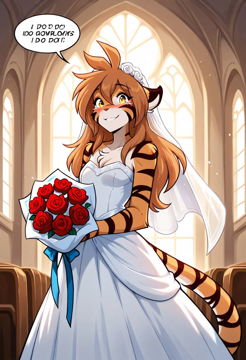 solo, furry female anthro, small breasts, In church, standing at alter, wearing white wedding dress, holding bouquet of roses, looking at viewer, blushing, smiling, tears in eyes, speech bubble, bubble text "I do"
<lora:Flora-Twokinds-ILXL-AnonTK-V3:0.8> , flora-twokinds, keidran, tiger tail, yellow eyes, long hair