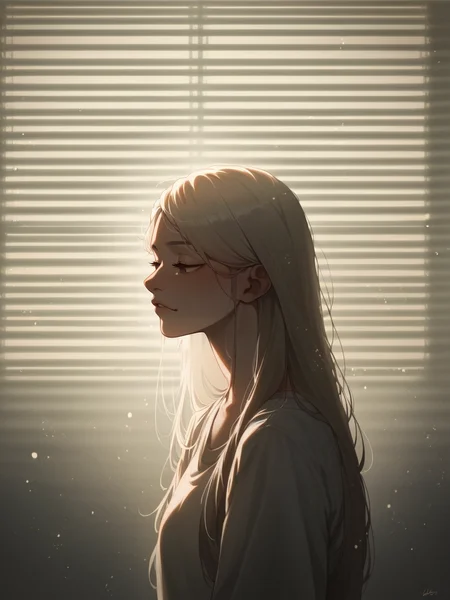 score_9, score_8_up, score_7_up, score_6_up, score_5_up, score_4_up, <lora:V3n3t14nXLP2:1> v3n3t14n, venetian blinds lighting, low light, dark room, lined lighting, long hair, 1girl, light particles,