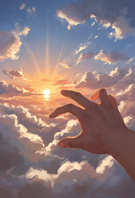 score_9, score_8_up, score_7_up, disembodied hand, reaching, pov,  cloud, sun, light rays,<lora:ra1ncloudstyle:1>