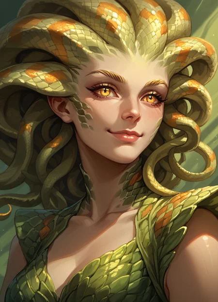 score_9, score_8_up, score_7_up, score_6_up, score_5_up,
1girl, solo, monster girl, yellow eyes, snake hair, scales, green skin, plantdress, snake girl,
portrait, shy smile, close-up,
abstract background, dramatic pose, masterpiece, best quality, sharp_details, game_cg
 <lora:Vraska_Magic_the_Gathering:0.8>