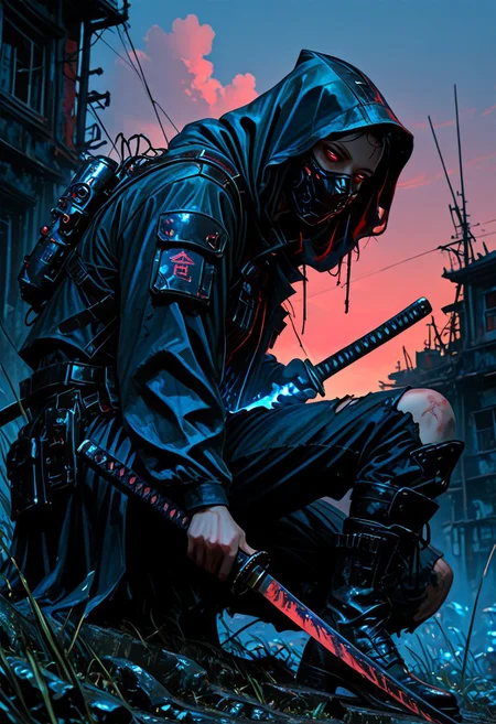 masterwork, masterpiece, best quality, detailed, depth of field, , high detail, best quality, very aesthetic, 8k, photorealistic, realistic skin, deep colour, high contrast, hyperdetailed, matte digital painting, trending on artstation, sharp edges, precise, clear focus, detailed face, face focus, sideview, wide shot, looking at viewer,
futuristic, gritty.
line art, ink art of a woman, solo, soldier, enigmatic, (glowing red eyes), matte black modular suit of armor, molded armour, whole body protection, heavy boots, holding a katana, blue glowing blade, ready to fight, fighting stance. Deep hood, black face mask, pale skin,
background war-torn urban landscapes, dramatic lighting, dynamic angle, whole body, face focus, high contrast, deep shadows, distant fires, smoky sky, matte painting,
STP-Illu