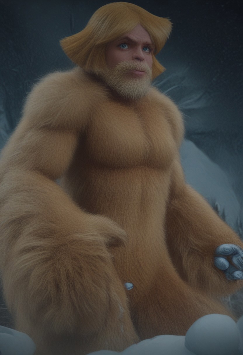 @brtlmss1, tall, muscular, thick limbs, large (kala:0.3) source_cartoon, cartoon_source, dark skin, yeti, bigsquatch, clover \(totally spies\), blonde hair, short hair, blue eye, on a mountain, blonde fur, female bigfoot, sasquatch, looking at viewer, breasts, sad gaze, detailed face, hairy body, detailed eyes, (detailed hands), detailed fingers, Shallow Depth of Field, hairy, FURRY BODY, yeti, (abominable snowman),  very big feet,  beard, covered in yellow fur,