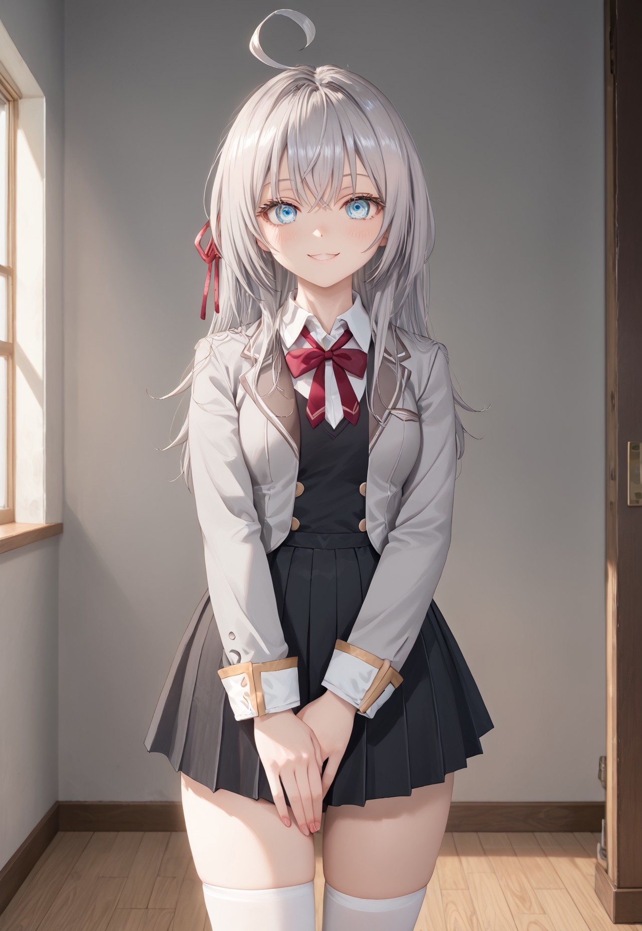 detailed, sinfully stylish, dramatic lighting, long shadows, soft light, contrapposto, anime, 1girl, solo, blue eyes, grey hair, ahoge, school uniform, dark grey pleated dress, grey jacket, white thighhighs, hair ribbon, staring at viewer, smiling, wide hips, standing, hip sway,covering crotch, from behind 