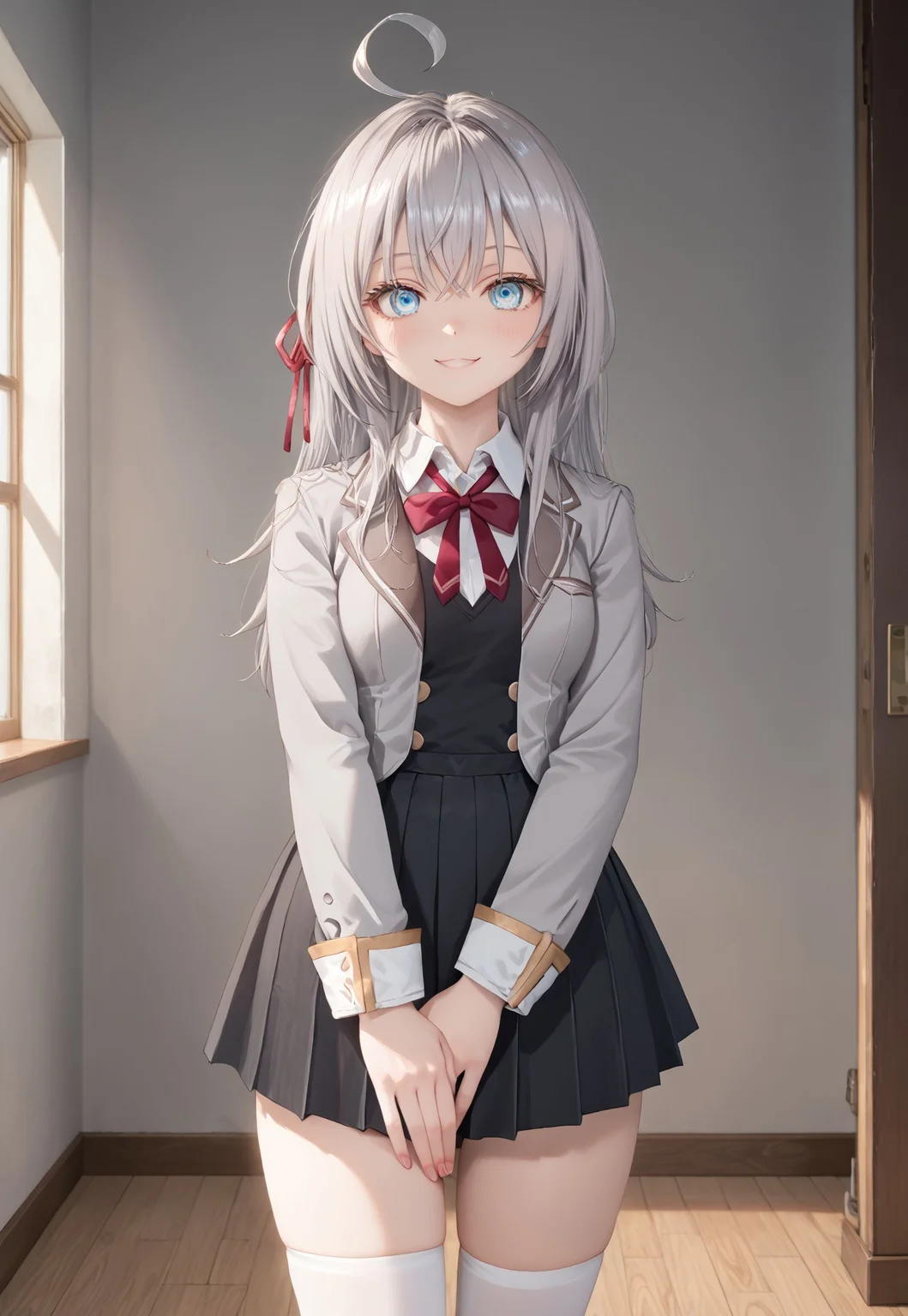 detailed, sinfully stylish, dramatic lighting, long shadows, soft light, contrapposto, anime, 1girl, solo, blue eyes, grey hair, ahoge, school uniform, dark grey pleated dress, grey jacket, white thighhighs, hair ribbon, staring at viewer, smiling, wide hips, standing, hip sway,covering crotch, from behind