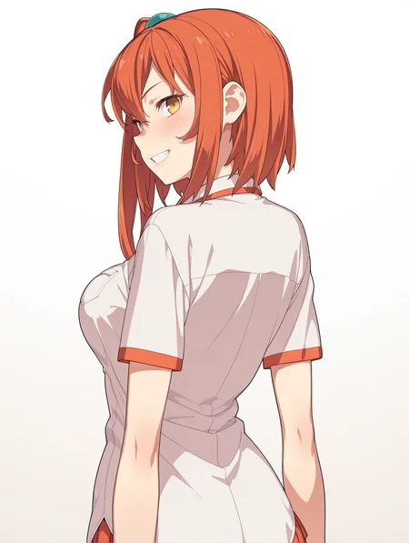 masterpiece,best quality,newest,
1girl,solo,
<lora:yuriko_ilxl_v1.1:1>,yuriko,yellow eyes,orange hair,side ponytail,y_clothes,
<lora:Fixhands_anime_bdsqlsz_V1:1>,simple_background,white_background,face_focus,upper_body,grin,light_blush,hand_on_own_,profile,looking_at_viewer,looking_back,from behind,