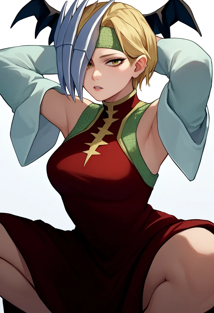 score_9, score_8_up, score_7_up, source_anime, solo, 1girl, tatsuma ryuko, parted lips, looking at viewer, squatting, arms behind head, headband, half mask, head wings, red dress, detached sleeves <lora:mha_ryukotatsuma_ponyXL:1>
