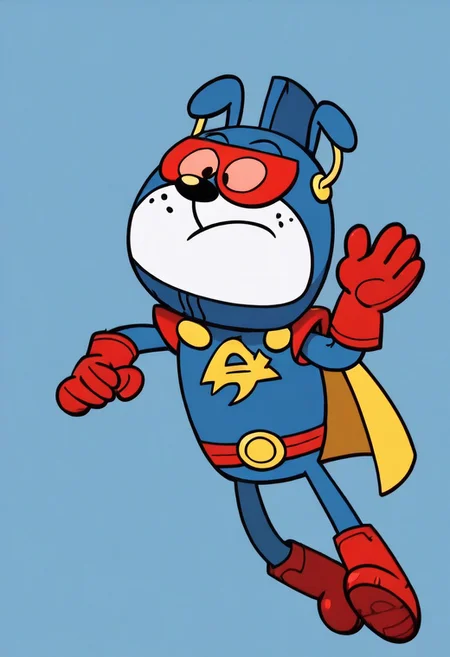 (score_9 | score_8_up | score_7_up) ((masterpiece:1))(best quality,very high quality,ultra detailed:1.2) (2D,cartoon style,anime style)(Smooth:2)(clean blurring) (four fingers on each hand,one thumb on each hand:1), solo, charles, dog, paws, black spot on left eye, white, white fue, happy, red blue and yellow super hero costume, blue super hero costume, super hero, red goggles, two side winged headpiece, yellow cape, thick red boots, red glove, 'A' Logo in the middle,