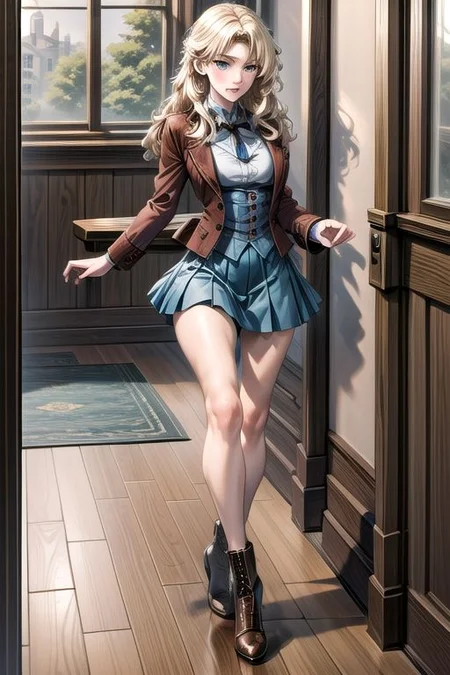 masterpiece, high res, detailed face, detailed eyes, anime screencap, 1 girl, scared, running, blonde, long hair, blue eyes, brown jacket, blue skirt, dark mansion, indoors, full body, mansion,  <lora:Julie:1>