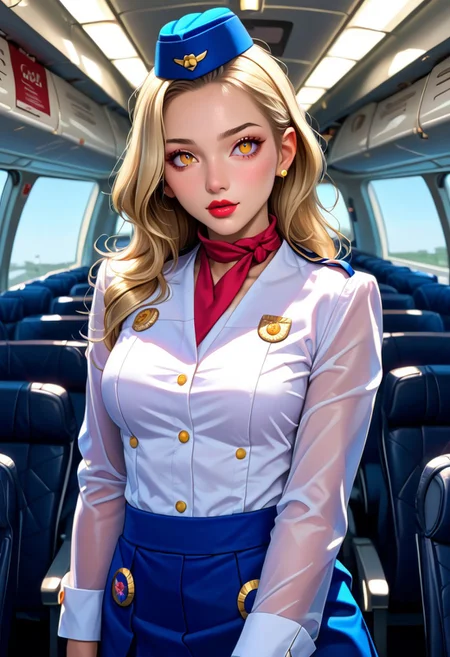 score_9, score_8_up, score_7_up, source_anime, highly detailed,  
1 girl, 23 years old,
margaretp4, blonde hair, long hair, yellow eyes, big breasts,
cabin crew, blue skirt, uniform, white shirt, miniskirt, stewardess hat, pantyhose, black pantyhose, high heels, lipstick,
airport, lounges, standing, From front. cowboy shot,