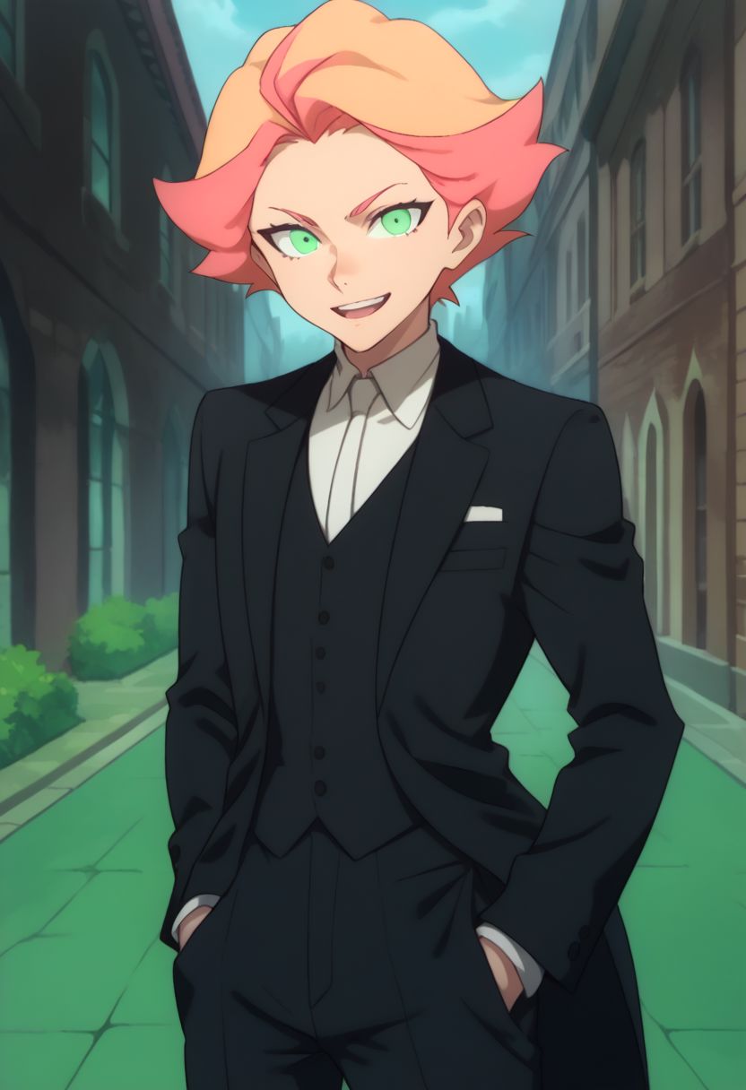score_9, score_8_up, score_7_up, source_anime, highly detailed, 
amanda, 1girl, solo, formal, green eyes, hand in pocket, suit, orange hair, short hair,
multicolored hair, looking at viewer, two-tone hair, reverse trap, pants, smile,
open mouth, tuxedo, hair back,
outdoor,