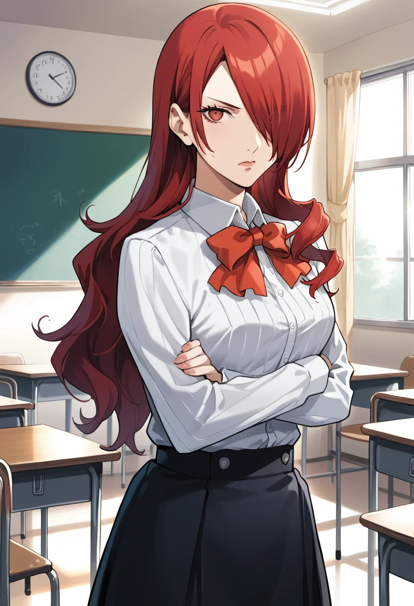 score_9, score_8_up, score_7_up, (source_anime), 1 girl, solo,
p3mitsuru, long hair, hair over one eye, white shirt, red bowtie, black skirt, gekkoukan high school uniform,
arms crossed, (scowl:0.8), looking at viewer,
indoors, classroom,
masterpiece, best quality, ultra detailed, absurdres, very aesthetic