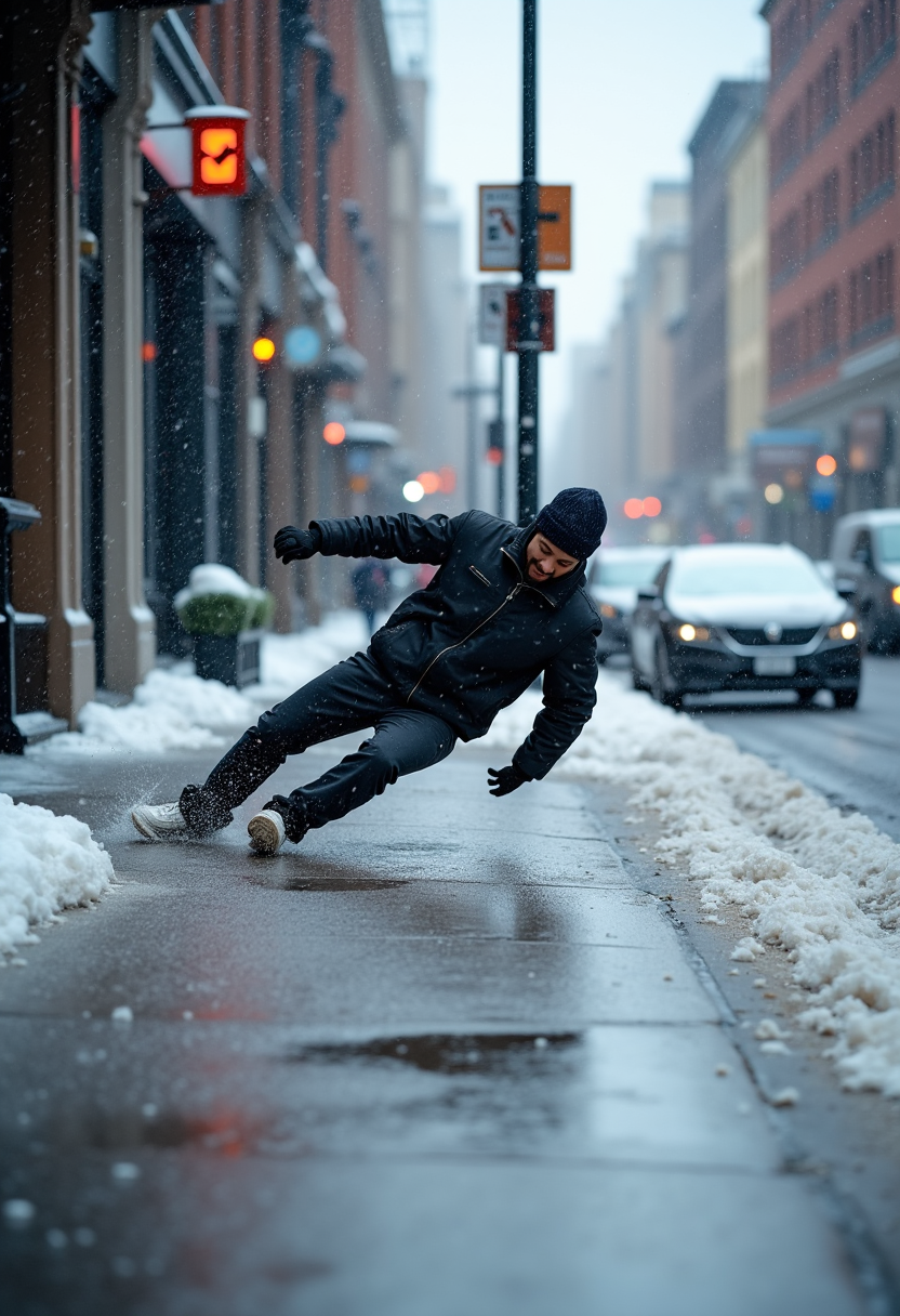 A person falling on ice while walking on the sidewalk
