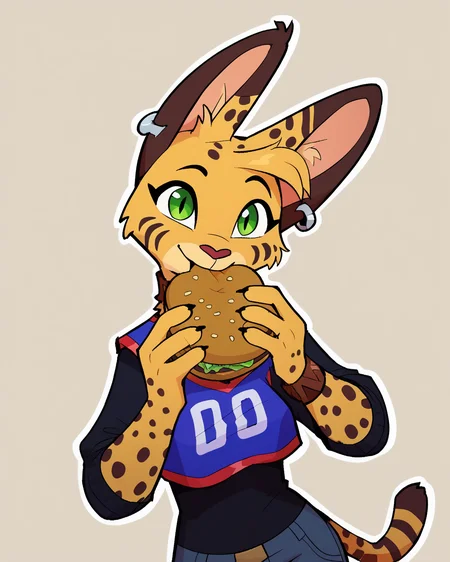 score_9_up, score_8_up, score_7_up, score_6_up, by remanedur, half-length portrait, medium breasts, brown choker, serval, green eyes, female, tail, 4 fingers, ear piercing, brown bracelet, bracelet, collar, denim bottomwear, denim jeans, ripped jeans, brown ears, brown spots, facial markings, jersey, tail, solo, jermaWhopper, eating, burger, happy, three-quarter view, head tilt, simple background, white outline, <lora:Leah_Pines(AIM)_XL_v1:0.15> <lora:PDXL_artist_tags_v2_big:0.5> <lora:The-Minuscule-Task_PDXL_v1.0:0.6> <lora:Pepper_Paminta_Ruffu:0.65> <lora:jermawhopper-pdxl-nvwls-v1:1>