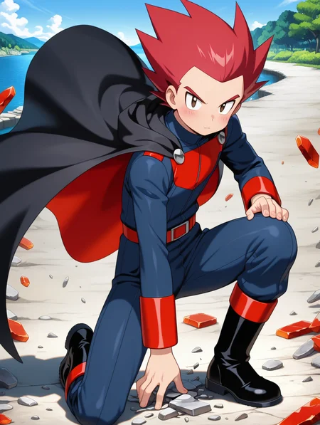 masterpiece, best quality, amazing quality, highres, ultra-detailed, anime screencap, detailed skin, shiny skin, simple background, BREAK, outdoors, sky, riverside, very aesthetic, perfect anatomy, perfect proportions, BREAK, solo, male focus, teeneager, wataru_gs, red hair, spiked hair, brown eyes, swept-back hair, BREAK, one knee, emotionless, blush, submissive, upright posture, looking at viewer, BREAK, dark-blue jumpsuit, (red decorative clothing), long sleeves, red hems, red belt, black footwear, boots, (boots with red strim), black and red cape