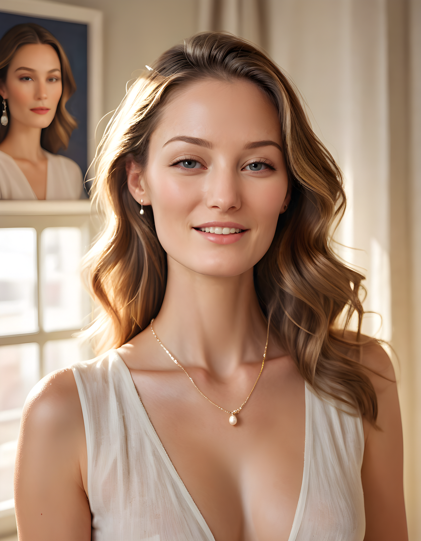In a vibrant, mid-afternoon sunlit studio, the subject A5HL3YH is depicted in a captivating portrait. She stands with her upper body facing frontally, her head slightly tilted and gazing directly at the viewer. Her long, wavy chestnut hair cascades down her shoulders, framing her oval face adorned with minimal yet elegant jewelry. The woman's full, rosy lips are slightly parted to reveal a perfect set of pearly white teeth, her closed eyes projecting an enigmatic air of mystery and allure. The soft, warm light from the studio window illuminates her radiant skin, casting subtle shadows that accentuate her high cheekbones and delicate jawline. Behind her, a tasteful abstract painting adds a pop of color to the otherwise neutral background, further emphasizing the subject's striking features.