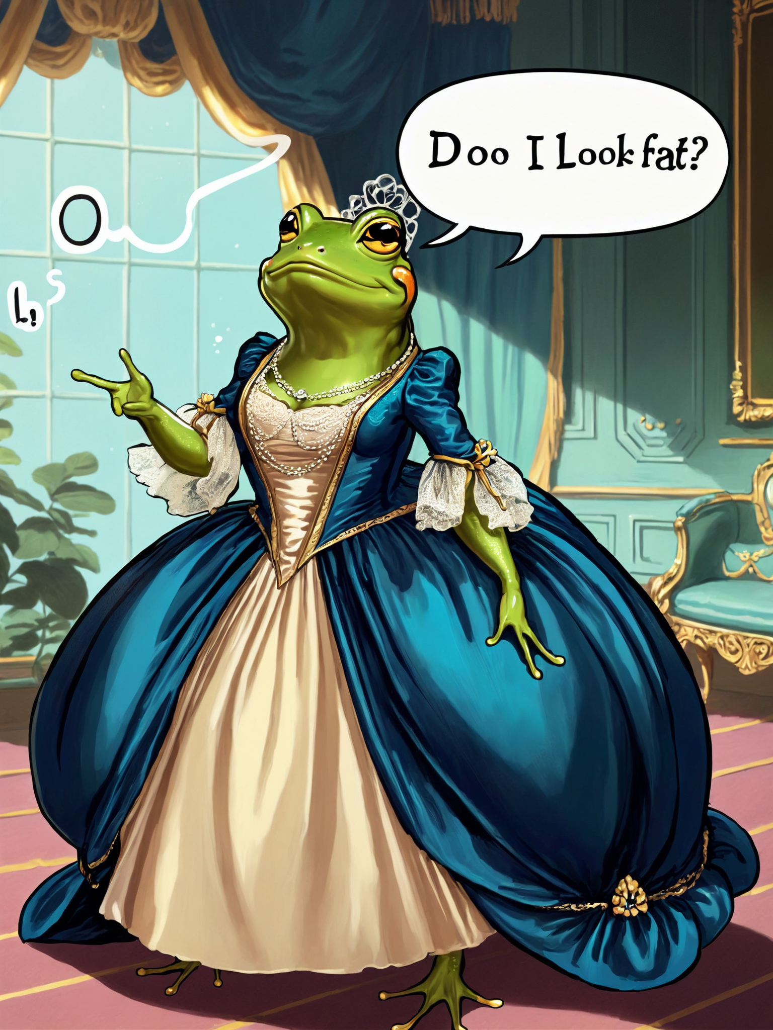 frog wearing long dress , speech bubble spells "DO I LOOK FAT ?", <lora:GeorgianStyleLocal:1> GeorgianStyle