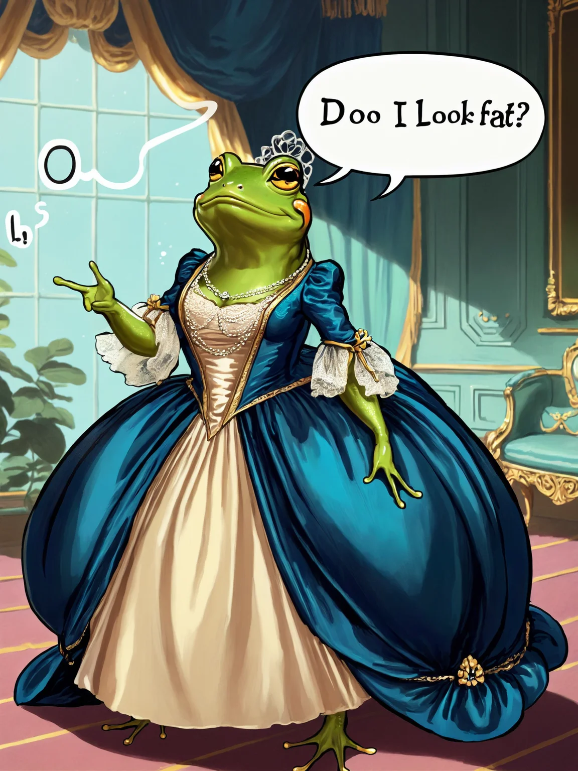 frog wearing long dress , speech bubble spells "DO I LOOK FAT ?", <lora:GeorgianStyleLocal:1> GeorgianStyle