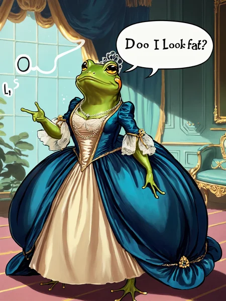 frog wearing long dress , speech bubble spells "DO I LOOK FAT ?", <lora:GeorgianStyleLocal:1> GeorgianStyle