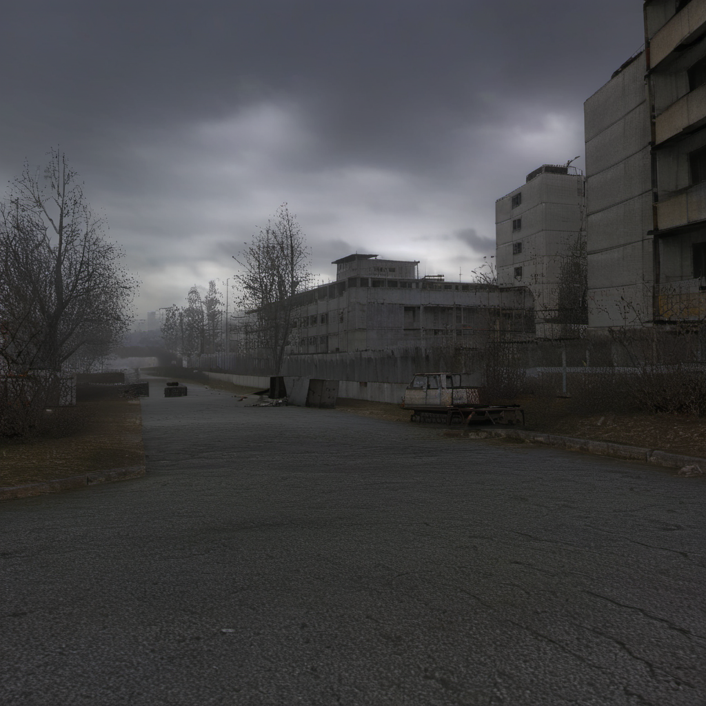 <lora:lora:1> no humans, car, motor vehicle, ground vehicle, tree, scenery, road, outdoors, sky, cloud, building, street, window, cloudy sky, house <lora:Chenorbyl_v1:0.8>
